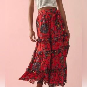 NWT!!! FARM Rio Floral Red Maxi Tiered Skirt Size M